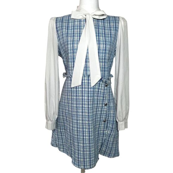 90s Clueless Preppy Style Blue Plaid Tweed Lady Dress Coquette Academia MEDIUM - Picture 3 of 10